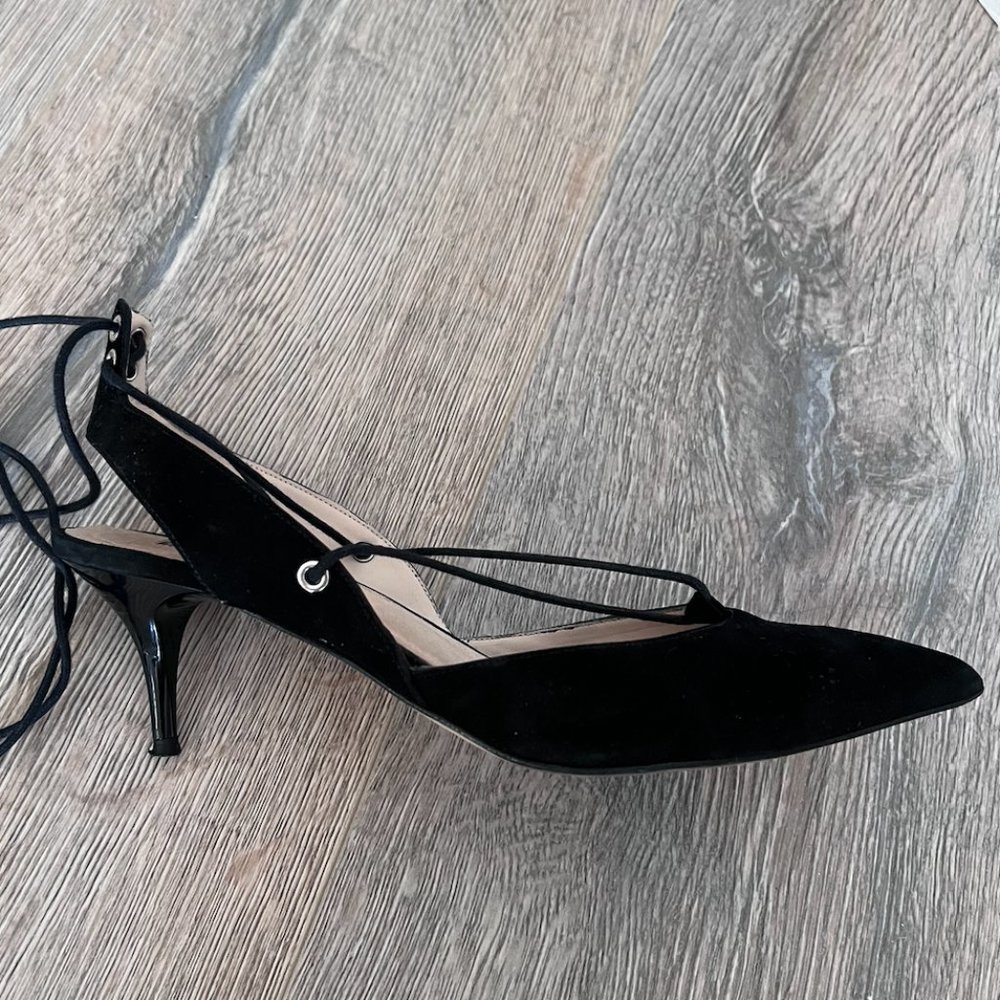 suede heels with long strap